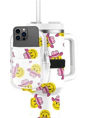 Katydid White Tumbler Pouch with Pink Cowboy Smile Faces